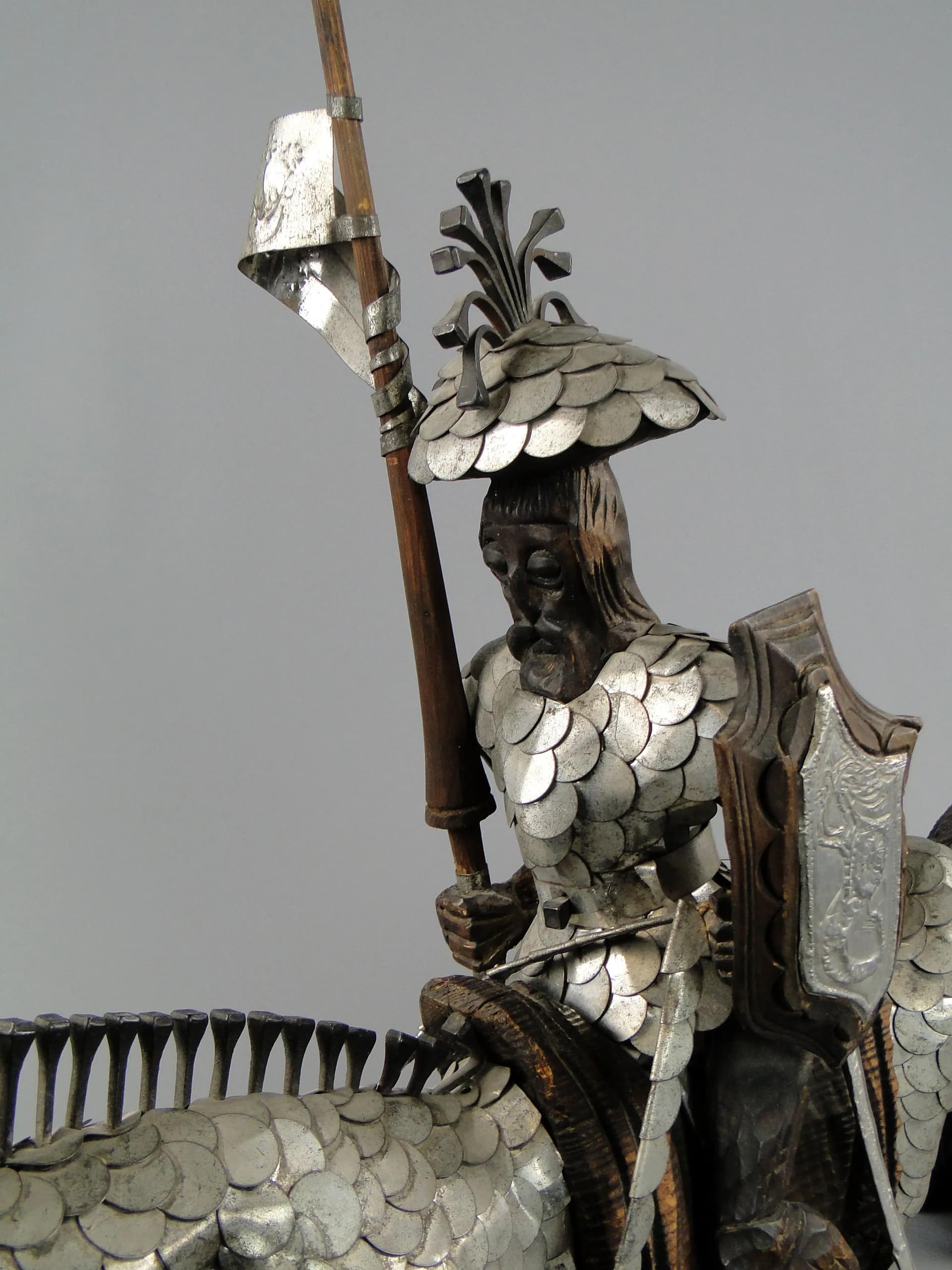 Rzeźba Don Kichota, drewno brązowy, metal srebrny, aut. M. Markowski, Polska, lata 80. - 20151