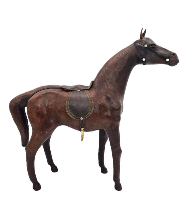 Figurka konia, brązowy, skóra naturalna drewno, Europa, lata 60. - WYMIARY