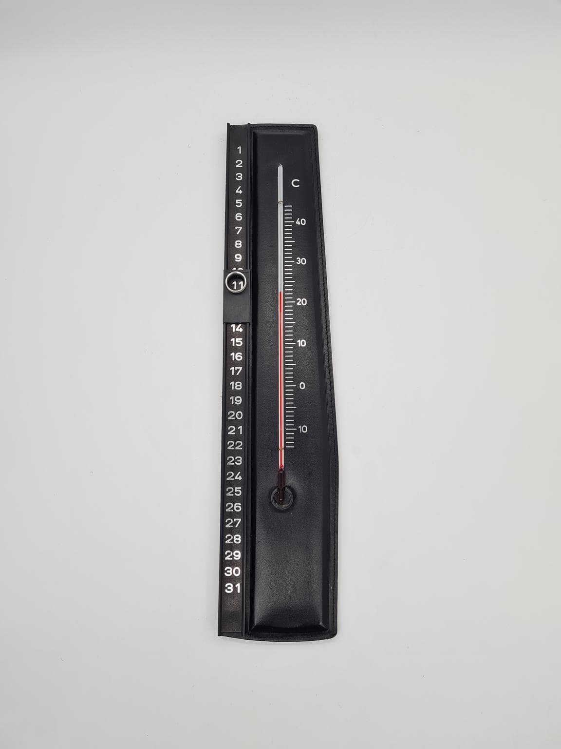 Termometr ścienny z kalendarzem, czarny, akryl, lata 60. - 272812