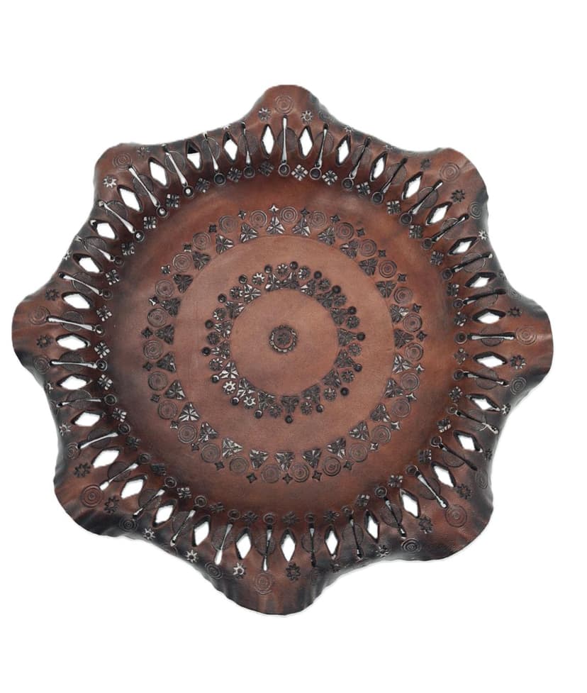Decorative plate, brown leather, Hungary, 1970s.