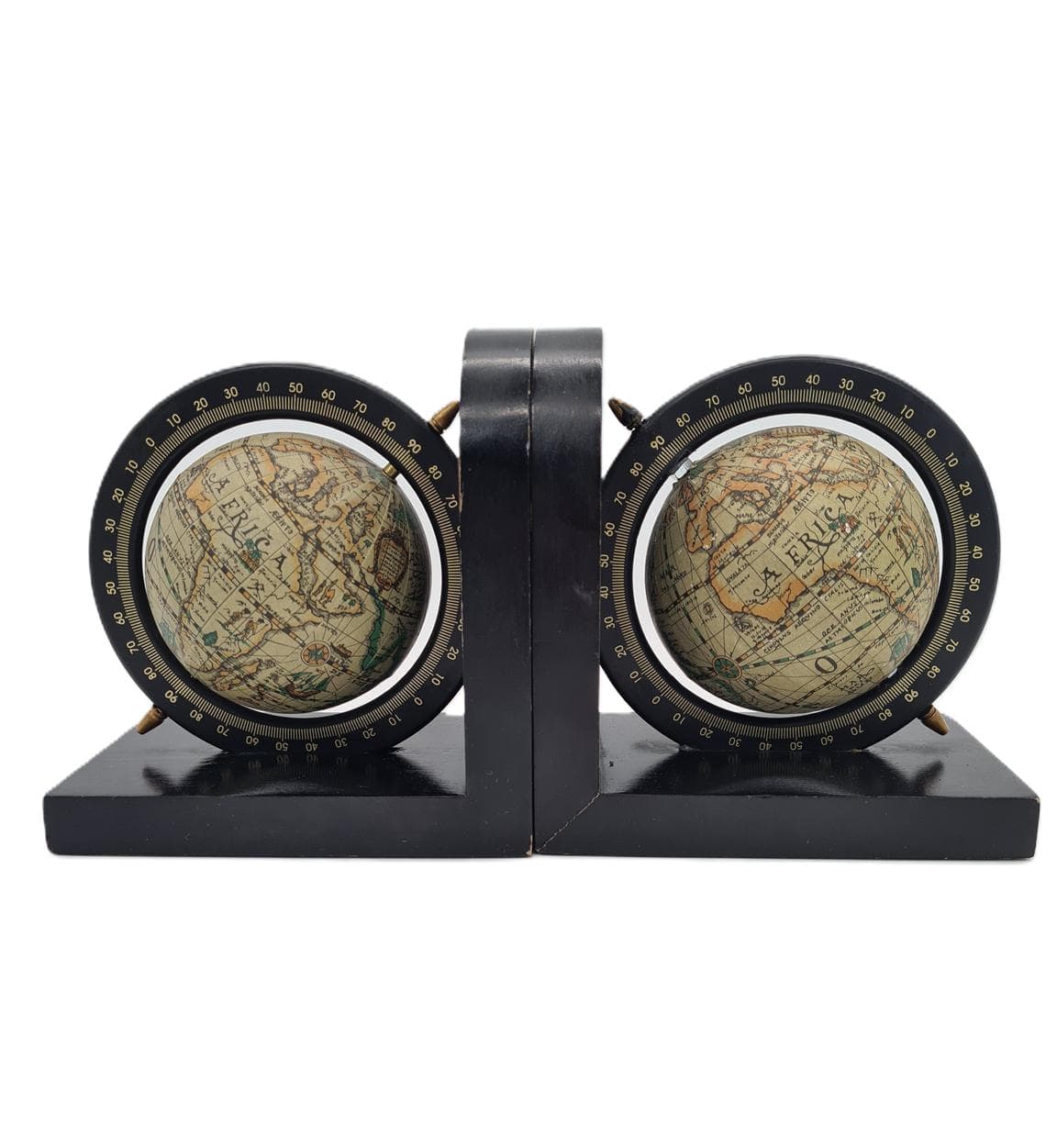 Para podpórek do książek, mid-century modern, drewno lakierowane czarne, metal, papier, lata 70.