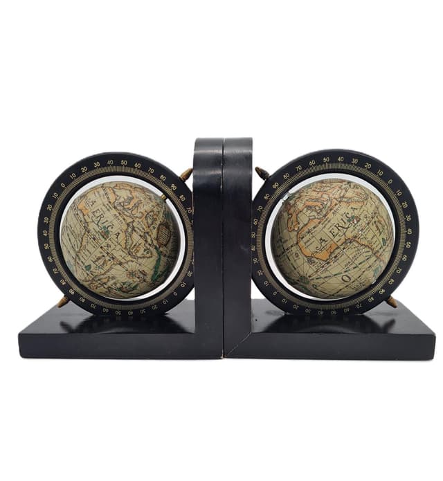 Para podpórek do książek, mid-century modern, drewno lakierowane czarne, metal, papier, lata 70. - WYMIARY