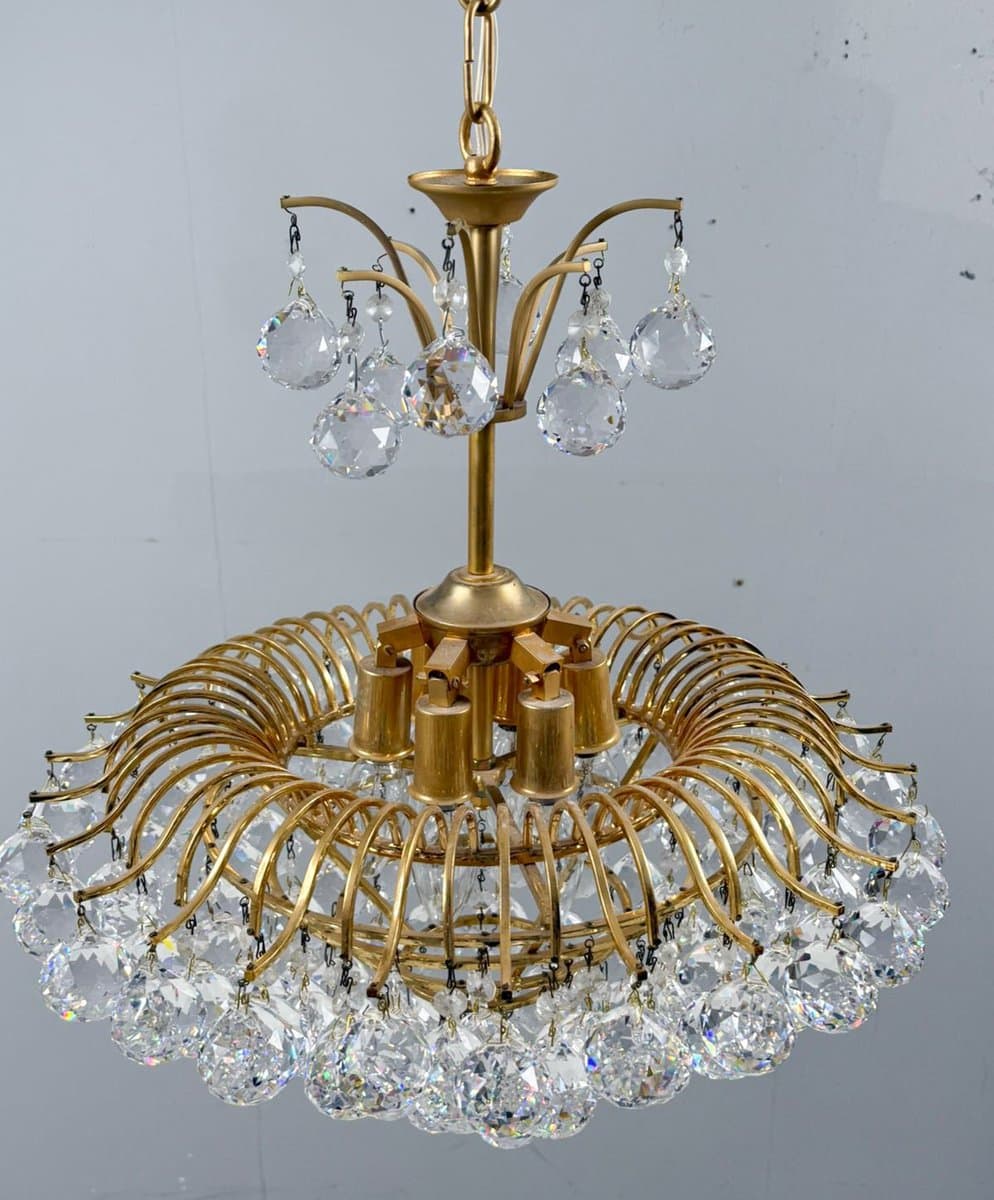 Żyrandol Hollywood Regency, kryształ transparentny, metal złoty, Niemcy, lata 60. - 276481