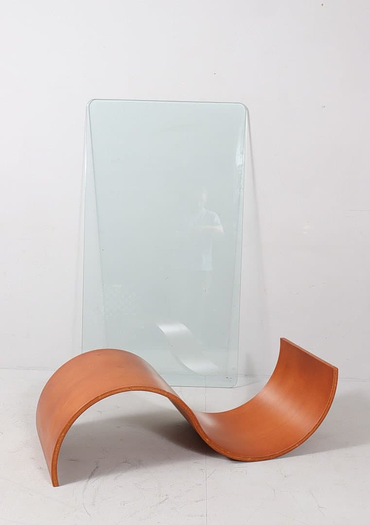 Stolik kawowy organiczny, sklejka brązowa, szkło przezroczyste, Włochy, lata 80. - 276457