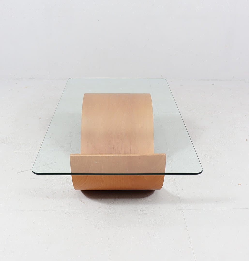Stolik kawowy organiczny, sklejka brązowa, szkło przezroczyste, Włochy, lata 80. - 276464