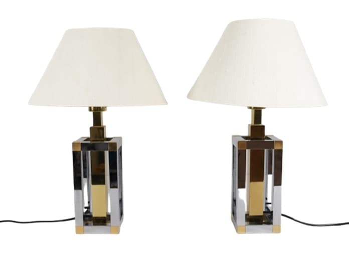 Para lamp stołowych Hollywood Regency, chrom srebrny, mosiądz złoty, bawełna biała, proj. S. Devidts, Niemcy, lata 80.