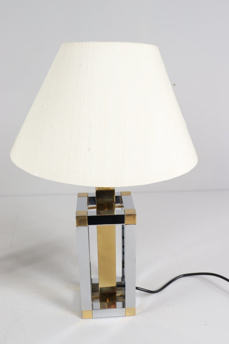 Para lamp stołowych Hollywood Regency, chrom srebrny, mosiądz złoty, bawełna biała, proj. S. Devidts, Niemcy, lata 80. - 276109