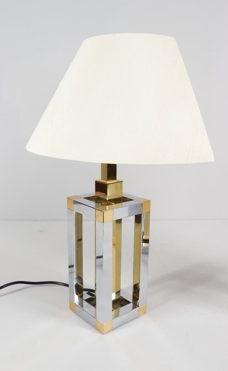 Para lamp stołowych Hollywood Regency, chrom srebrny, mosiądz złoty, bawełna biała, proj. S. Devidts, Niemcy, lata 80. - 276121