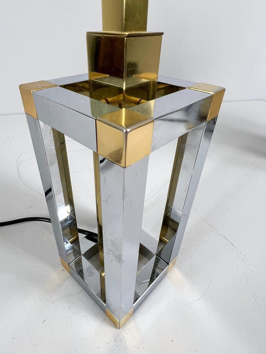 Para lamp stołowych Hollywood Regency, chrom srebrny, mosiądz złoty, bawełna biała, proj. S. Devidts, Niemcy, lata 80. - 276117