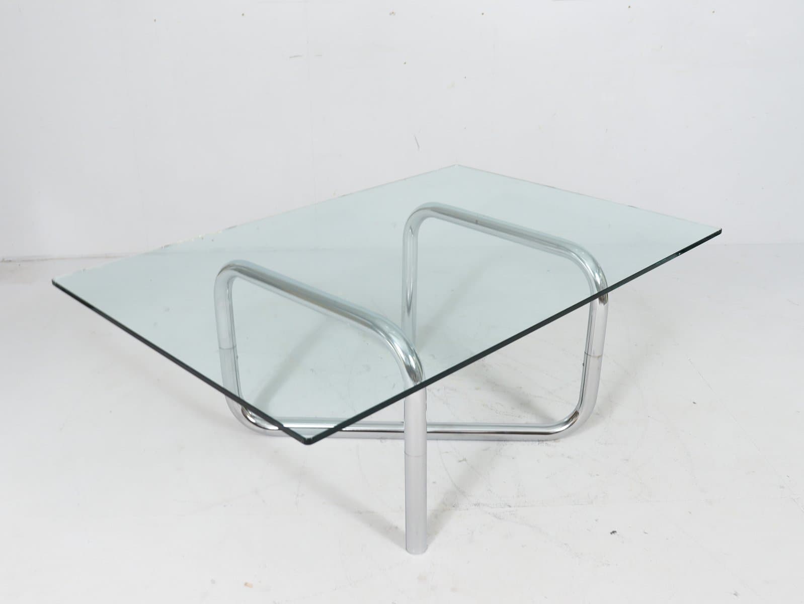Stolik kawowy Space Age, szkło przezroczyste, chrom srebrny, Francja, lata 70. - 276059