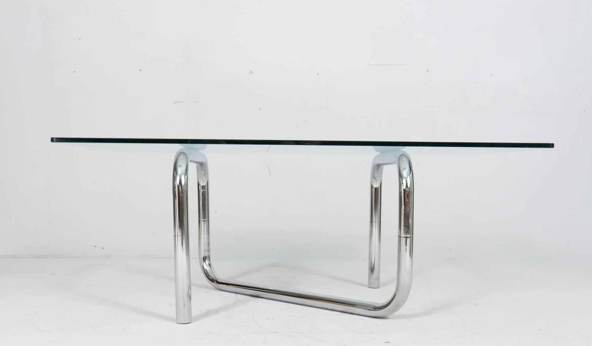 Stolik kawowy Space Age, szkło przezroczyste, chrom srebrny, Francja, lata 70. - 276079