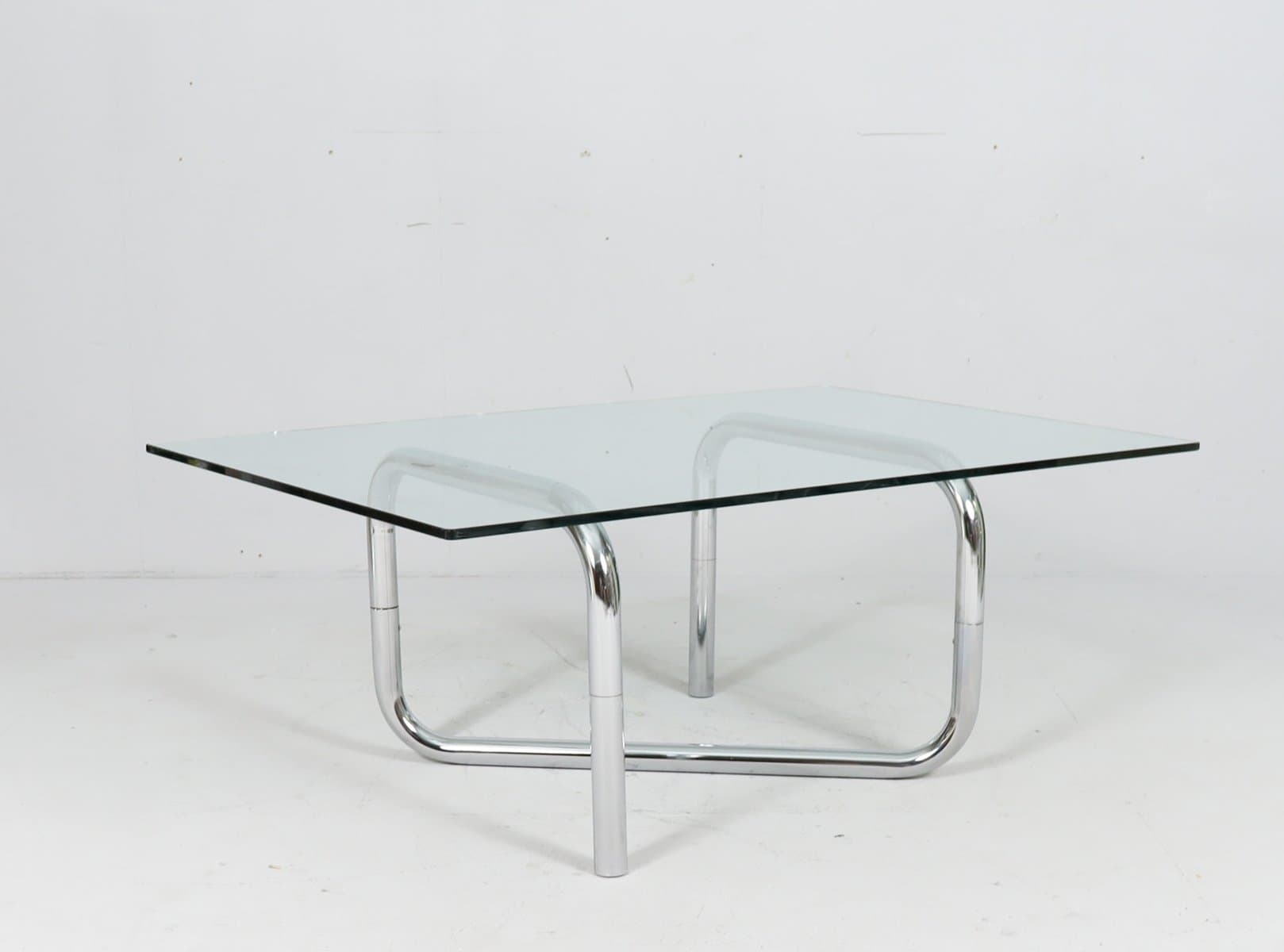 Stolik kawowy Space Age, szkło przezroczyste, chrom srebrny, Francja, lata 70. - 276074