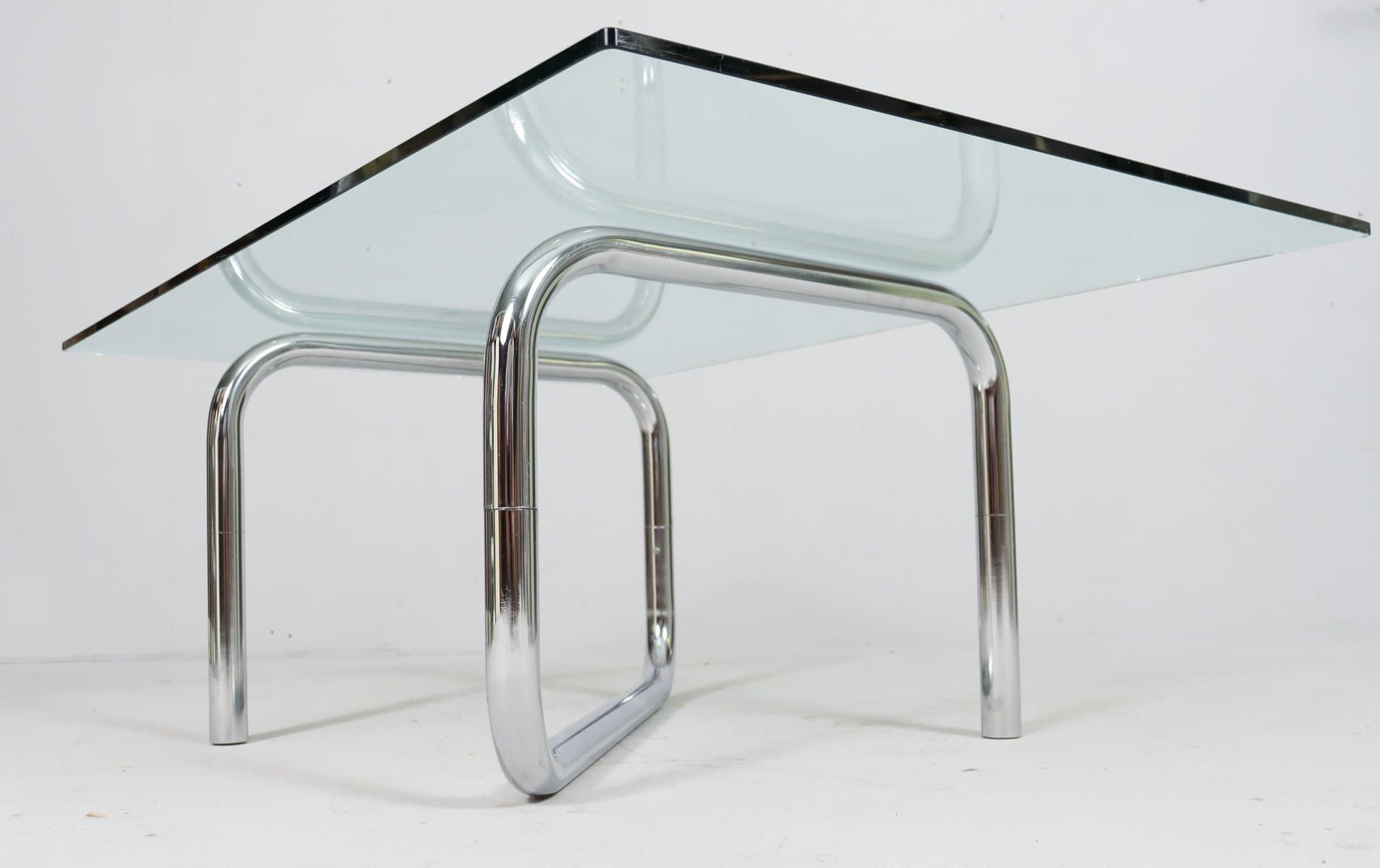 Stolik kawowy Space Age, szkło przezroczyste, chrom srebrny, Francja, lata 70. - 276064