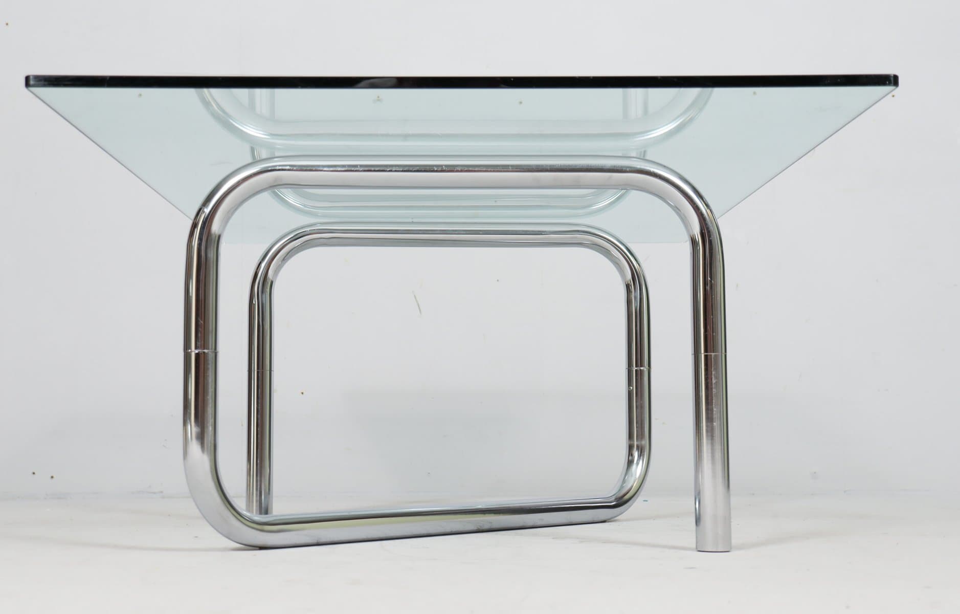 Stolik kawowy Space Age, szkło przezroczyste, chrom srebrny, Francja, lata 70. - 276061