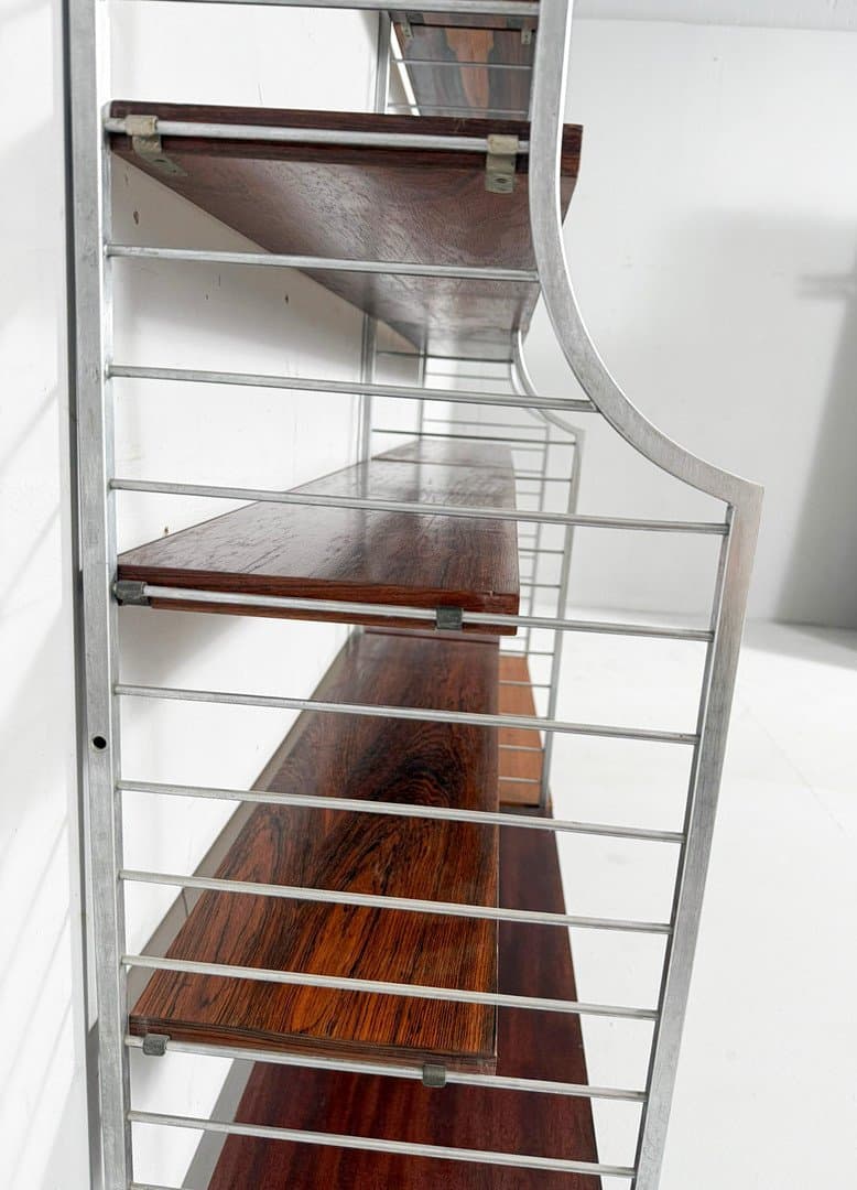 System półek ściennych Continental String, drewno brąz, aluminium srebrny, proj. N. Strinning, Szwecja, lata 60. - 276016