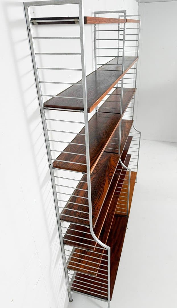 System półek ściennych Continental String, drewno brąz, aluminium srebrny, proj. N. Strinning, Szwecja, lata 60. - 276010