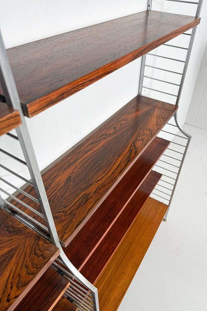 System półek ściennych Continental String, drewno brąz, aluminium srebrny, proj. N. Strinning, Szwecja, lata 60. - 276015