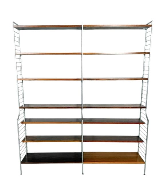 System półek ściennych Continental String, drewno brąz, aluminium srebrny, proj. N. Strinning, Szwecja, lata 60. - WYMIARY