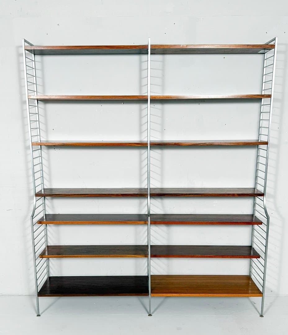 System półek ściennych Continental String, drewno brąz, aluminium srebrny, proj. N. Strinning, Szwecja, lata 60. - 276007