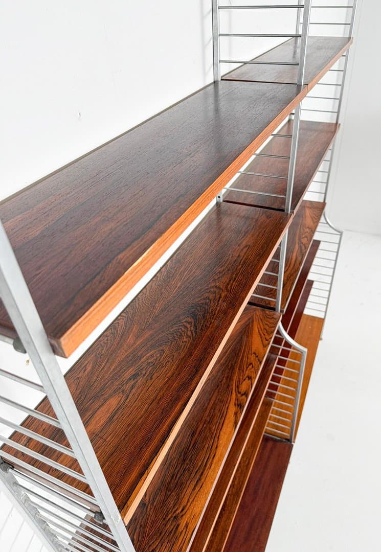 System półek ściennych Continental String, drewno brąz, aluminium srebrny, proj. N. Strinning, Szwecja, lata 60. - 276018