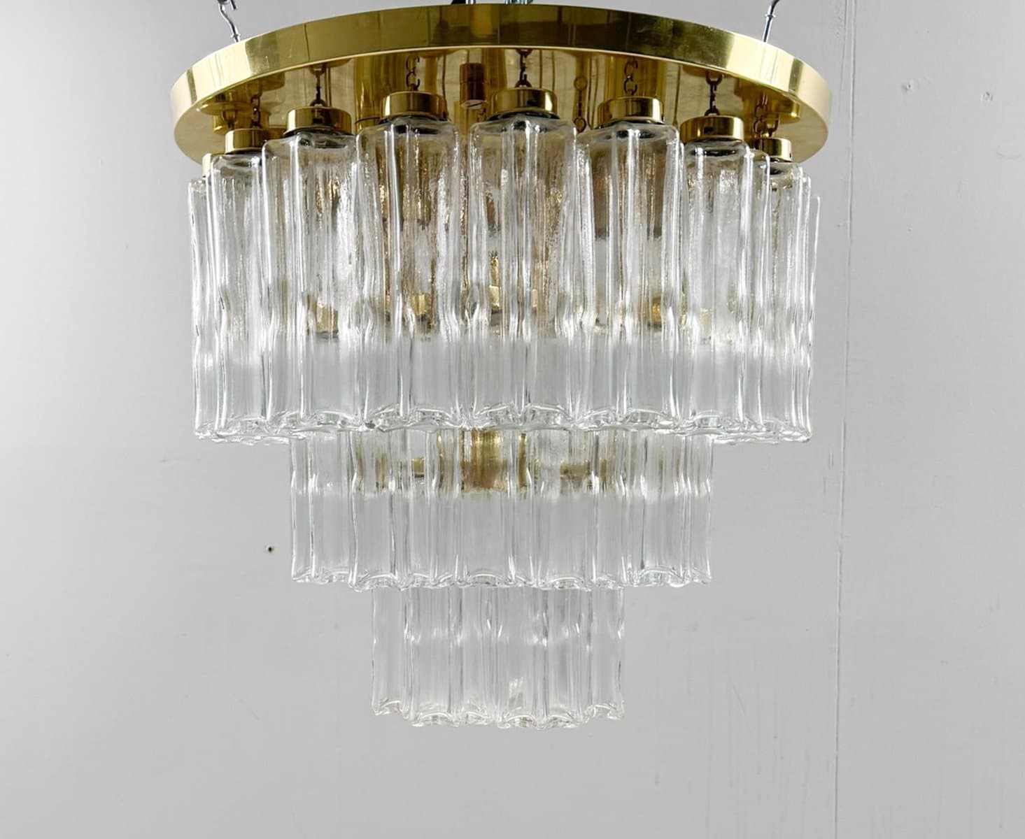 Chandelier, Limburg, transparent glass, gold metal, Germany, 1970s. - 275985