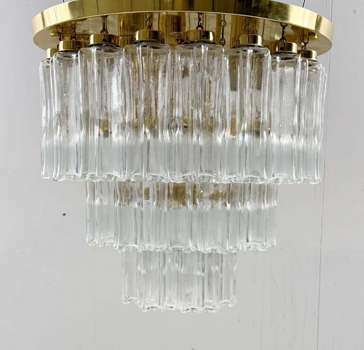 Chandelier, Limburg, transparent glass, gold metal, Germany, 1970s. - 275960