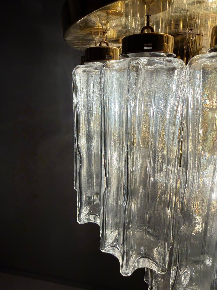 Chandelier, Limburg, transparent glass, gold metal, Germany, 1970s. - 275974