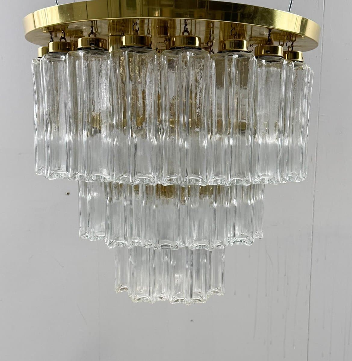 Chandelier, Limburg, transparent glass, gold metal, Germany, 1970s. - 275984