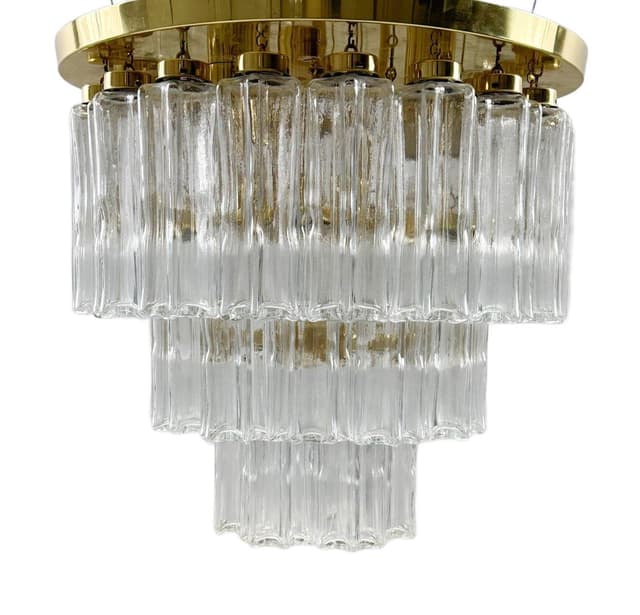 Chandelier, Limburg, transparent glass, gold metal, Germany, 1970s. - DIMENSION