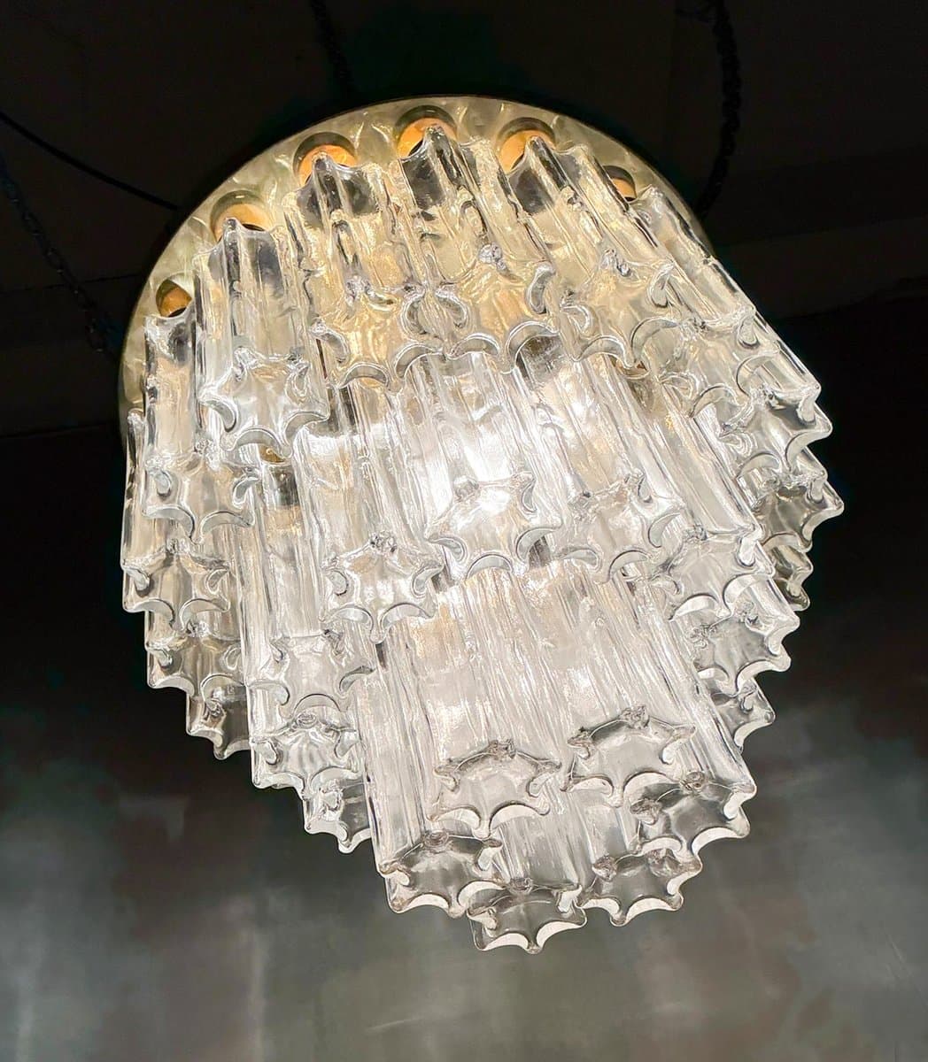 Chandelier, Limburg, transparent glass, gold metal, Germany, 1970s. - 275981