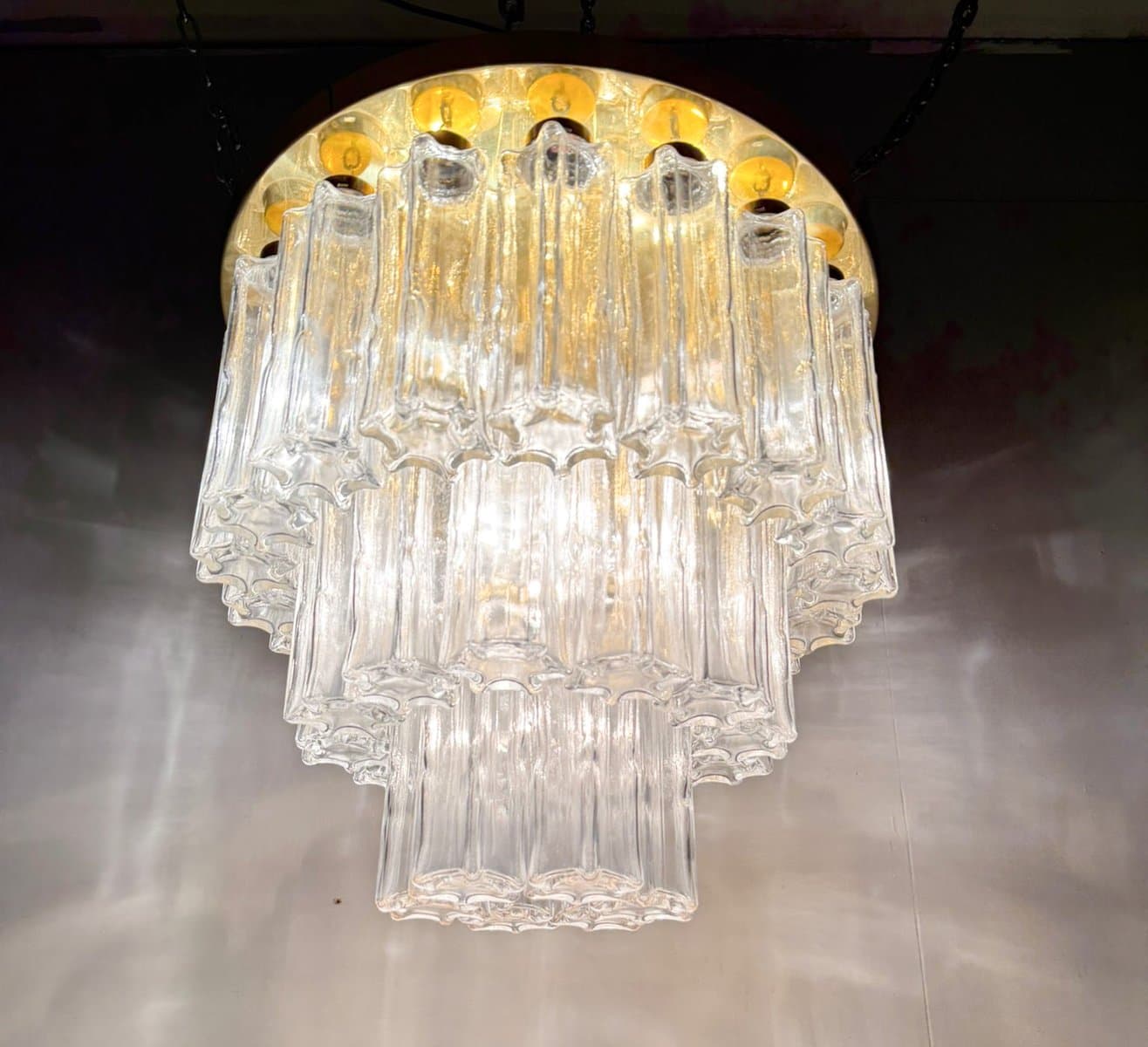 Chandelier, Limburg, transparent glass, gold metal, Germany, 1970s. - 275967