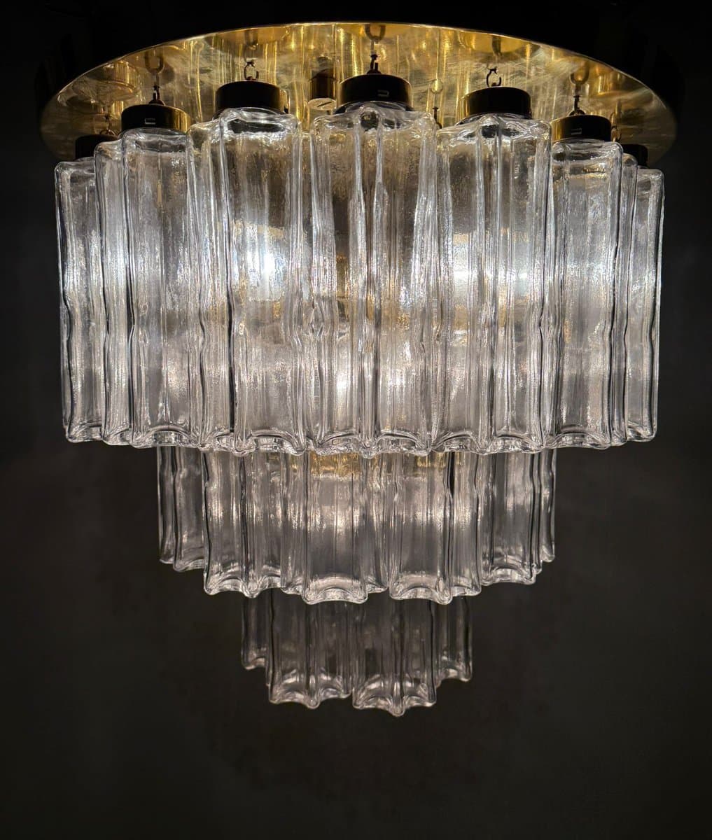 Chandelier, Limburg, transparent glass, gold metal, Germany, 1970s. - 275975