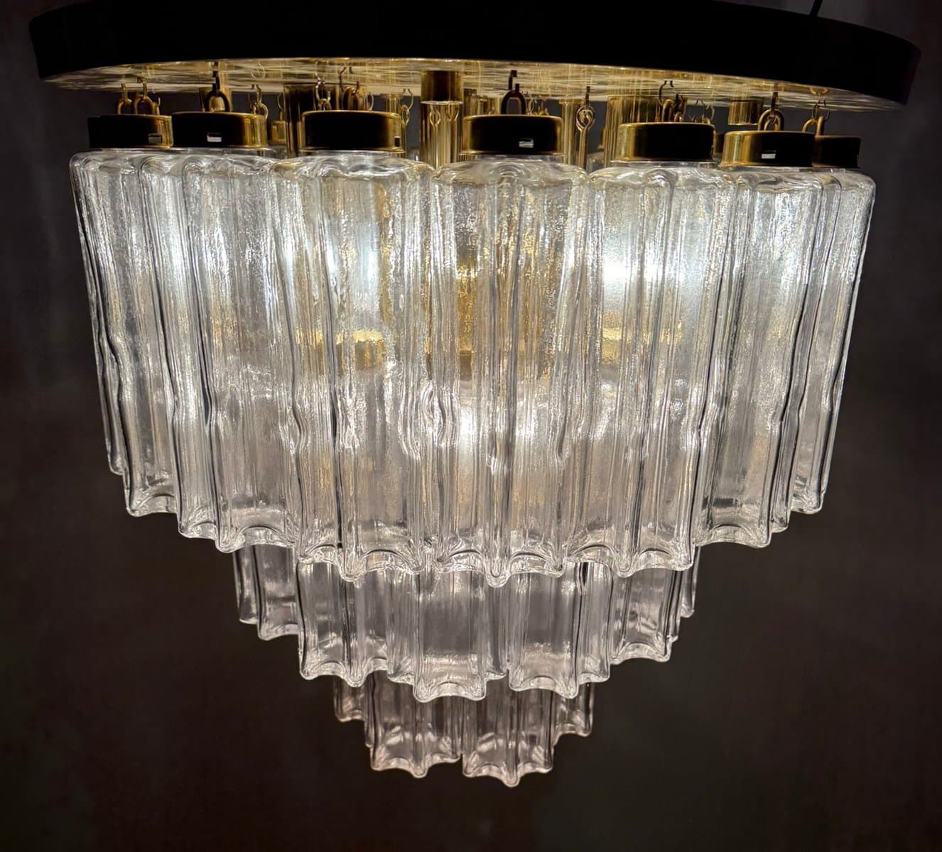 Chandelier, Limburg, transparent glass, gold metal, Germany, 1970s. - 275972