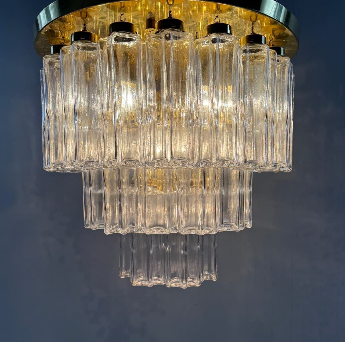 Chandelier, Limburg, transparent glass, gold metal, Germany, 1970s. - 275977