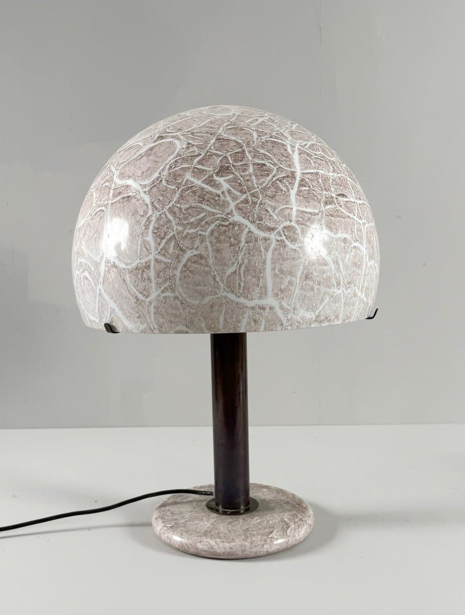 Lampa stołowa Model 832 Mushroom, szkło beżowy, marmur beżowy, mosiądz brązowy, proj. L. Diaz De Santillana, Venini, Włochy, lata 60. - 275943