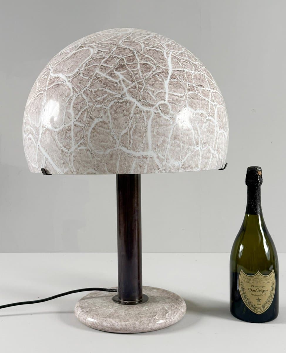 Lampa stołowa Model 832 Mushroom, szkło beżowy, marmur beżowy, mosiądz brązowy, proj. L. Diaz De Santillana, Venini, Włochy, lata 60. - 275952
