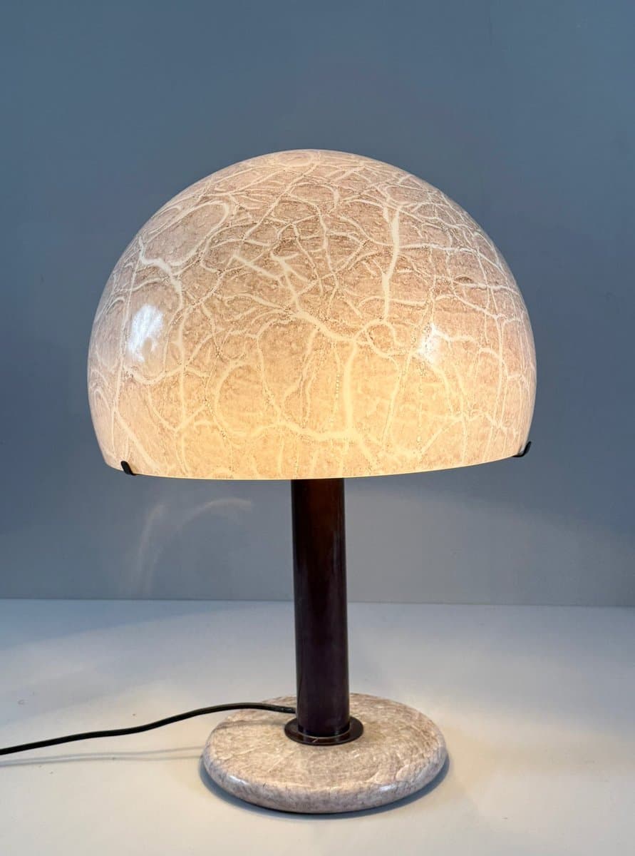 Lampa stołowa Model 832 Mushroom, szkło beżowy, marmur beżowy, mosiądz brązowy, proj. L. Diaz De Santillana, Venini, Włochy, lata 60. - 275953