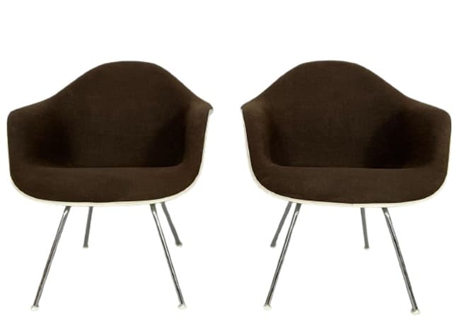 Zestaw foteli Dax, tkanina brązowa, włókno szklane, chrom, proj. C. & R. Eames, Vitra, Szwajcaria, lata 70.