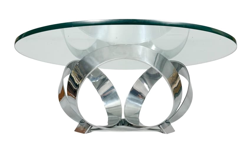 Coffee table Space Age, transparent soda-lime glass, silver chrome, by K. Hesterberg, Ronald Schmitt, Germany, 1970s.