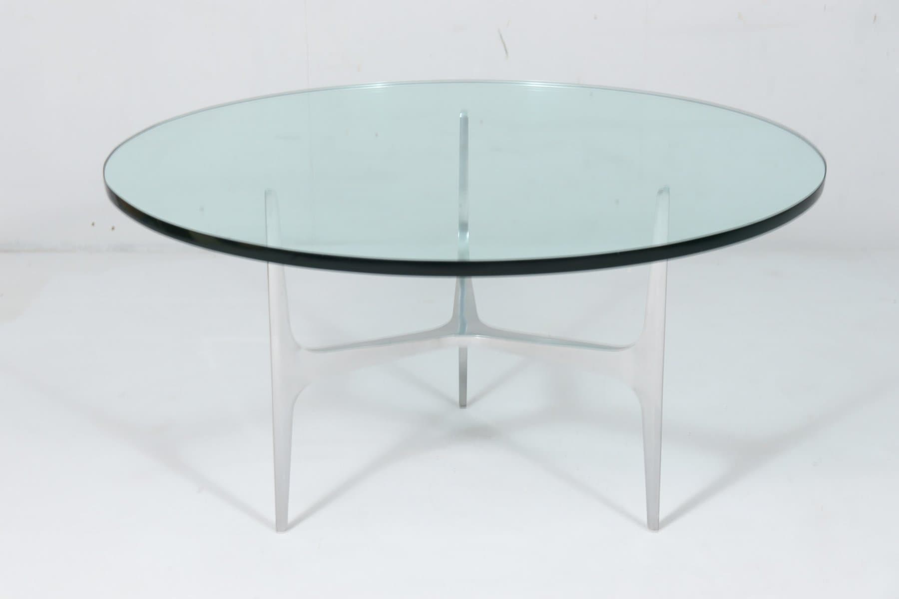 Stolik kawowy, aluminium srebrny, szkło przezroczyste, proj. K. Hesterberg, Ronald Schmitt, Niemcy, lata 70. - 276890