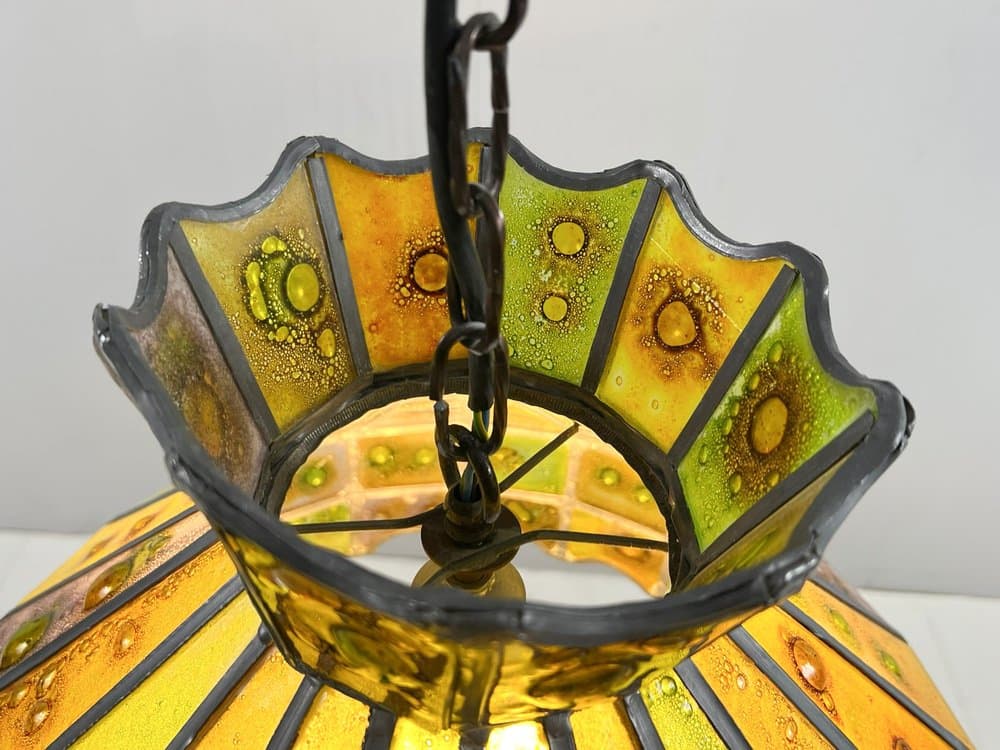 Lampa sufitowa Brutalist, szkło multikolor, żelazo czarne, proj. F. Delfinger, Feders, Meksyk, lata 70. - 276840