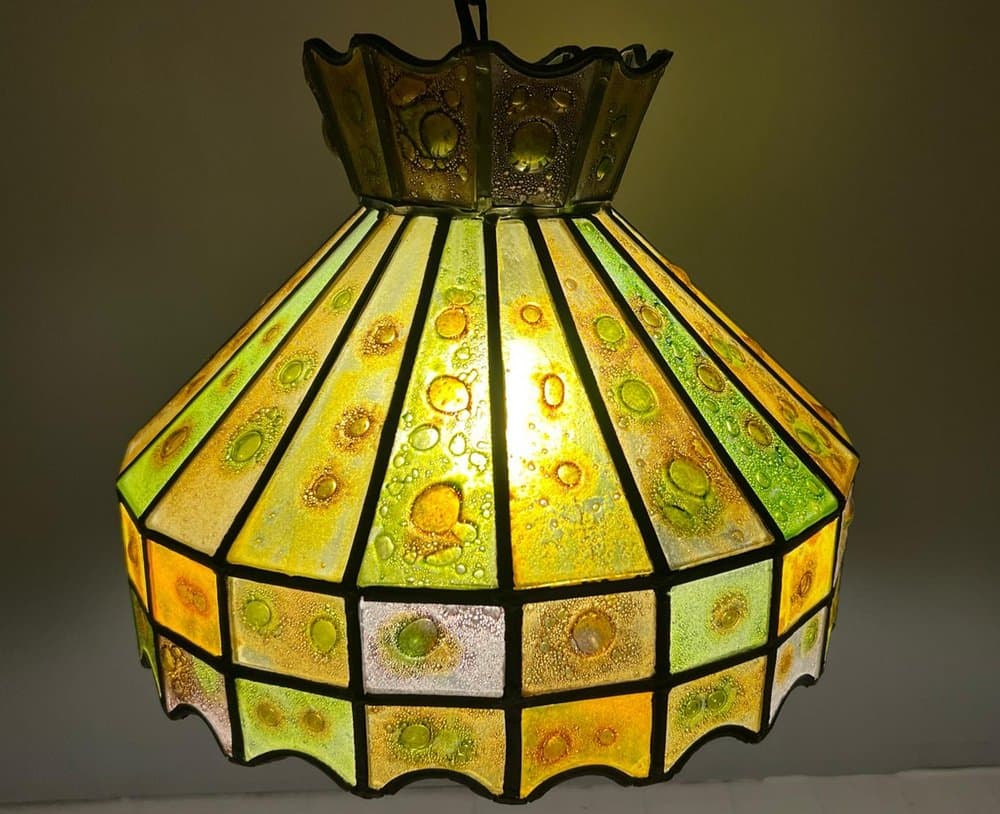 Lampa sufitowa Brutalist, szkło multikolor, żelazo czarne, proj. F. Delfinger, Feders, Meksyk, lata 70. - 276846