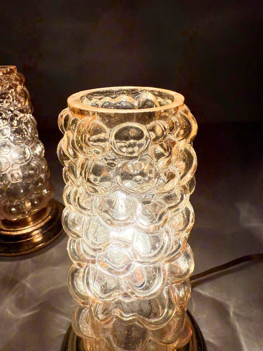 Para lamp stołowych, szkło pomarańczowe, metal złoty, proj. H. Tynell, Limburg, Niemcy, lata 60. - 276738