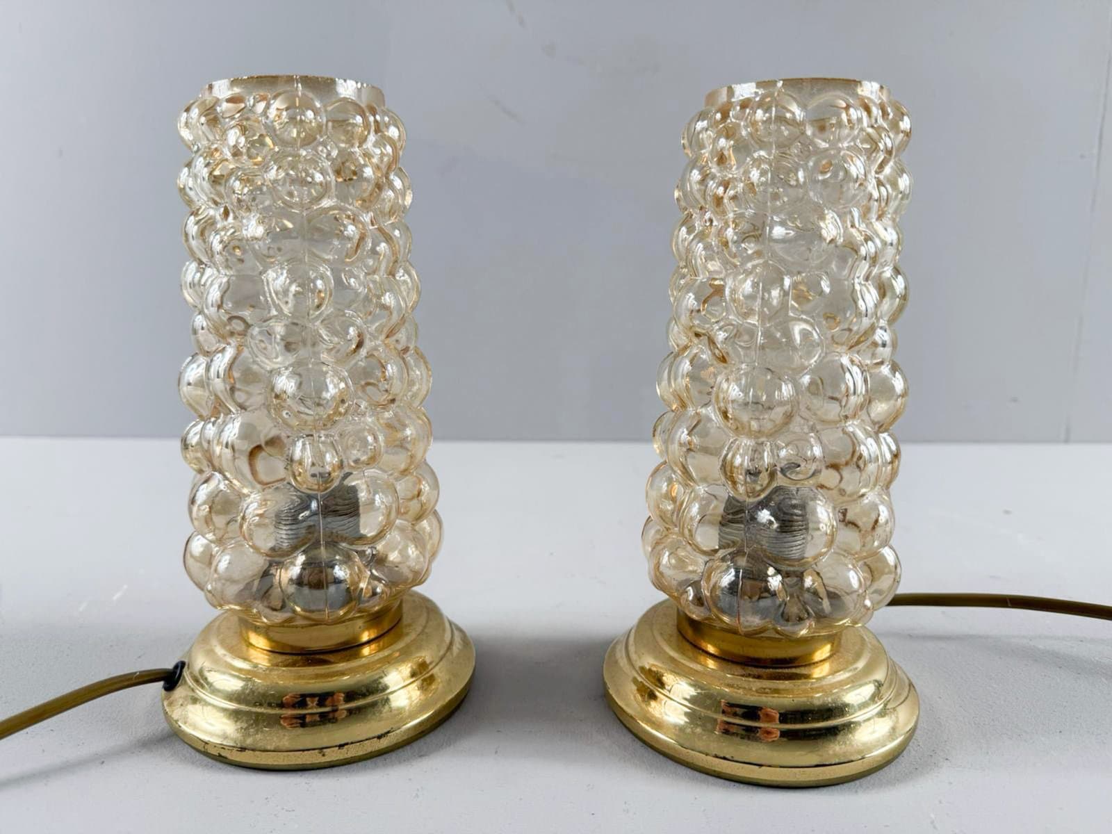 Para lamp stołowych, szkło pomarańczowe, metal złoty, proj. H. Tynell, Limburg, Niemcy, lata 60. - 276743