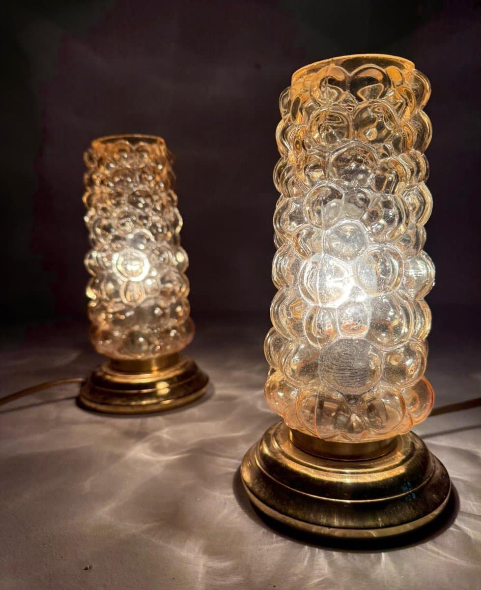 Para lamp stołowych, szkło pomarańczowe, metal złoty, proj. H. Tynell, Limburg, Niemcy, lata 60. - 276741