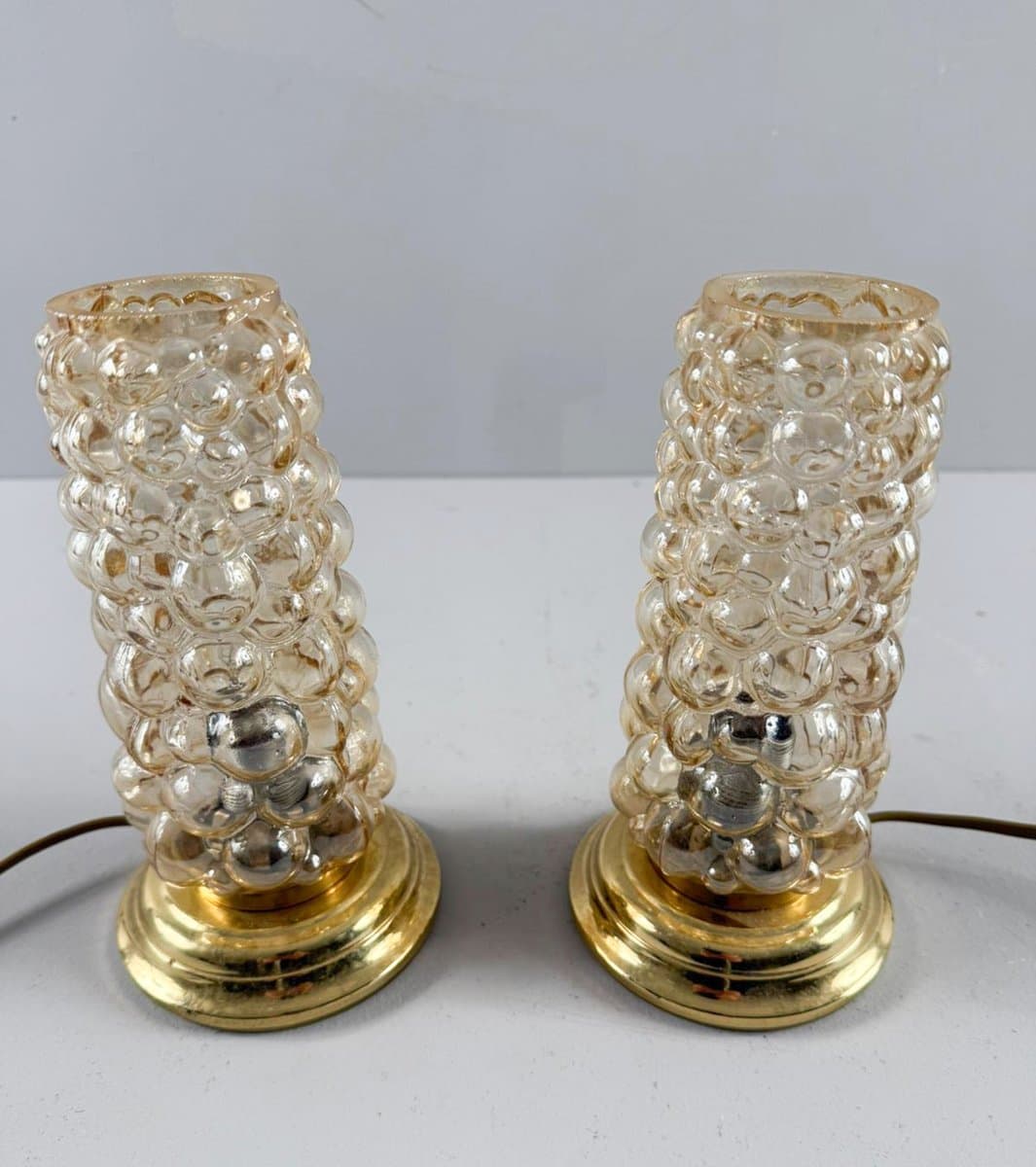 Para lamp stołowych, szkło pomarańczowe, metal złoty, proj. H. Tynell, Limburg, Niemcy, lata 60. - 276747