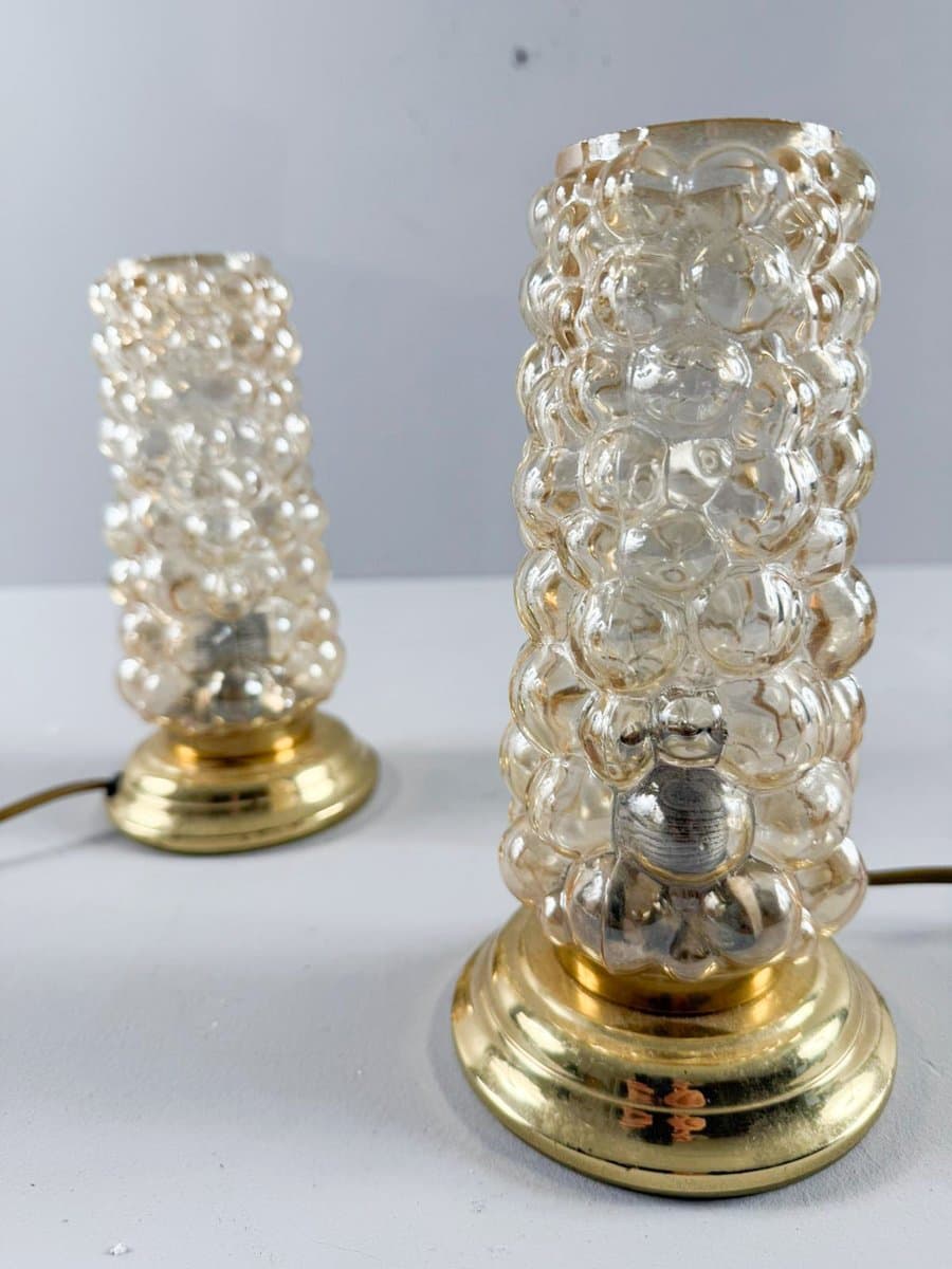 Para lamp stołowych, szkło pomarańczowe, metal złoty, proj. H. Tynell, Limburg, Niemcy, lata 60. - 276746