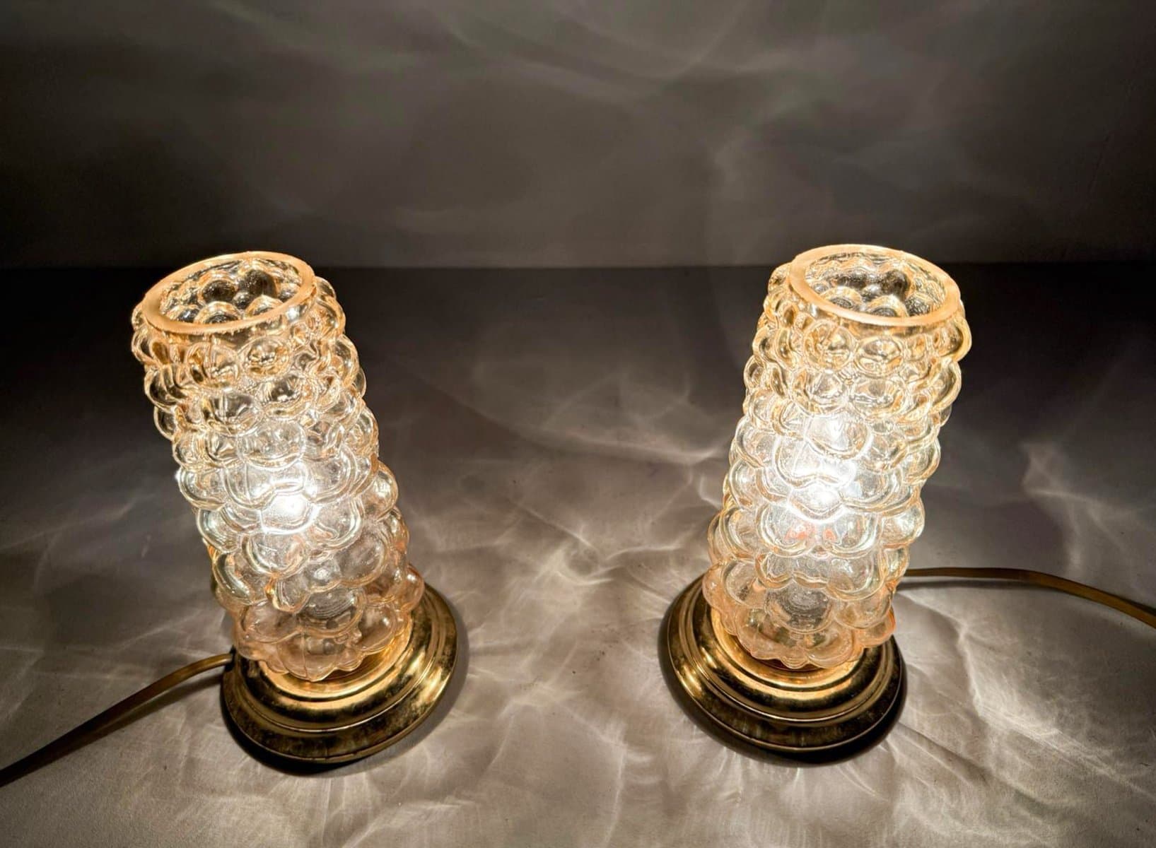 Para lamp stołowych, szkło pomarańczowe, metal złoty, proj. H. Tynell, Limburg, Niemcy, lata 60. - 276744