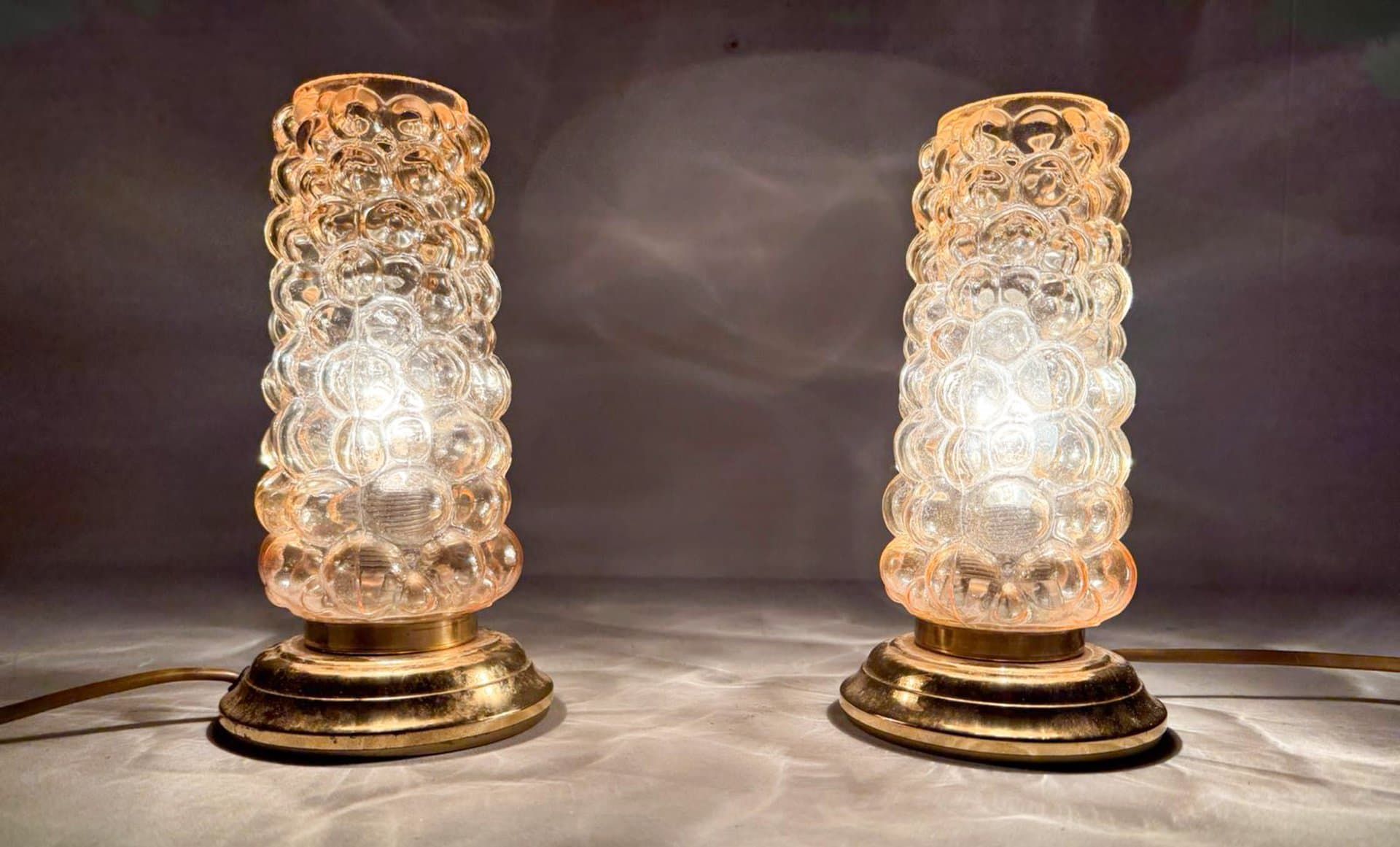 Para lamp stołowych, szkło pomarańczowe, metal złoty, proj. H. Tynell, Limburg, Niemcy, lata 60. - 276745