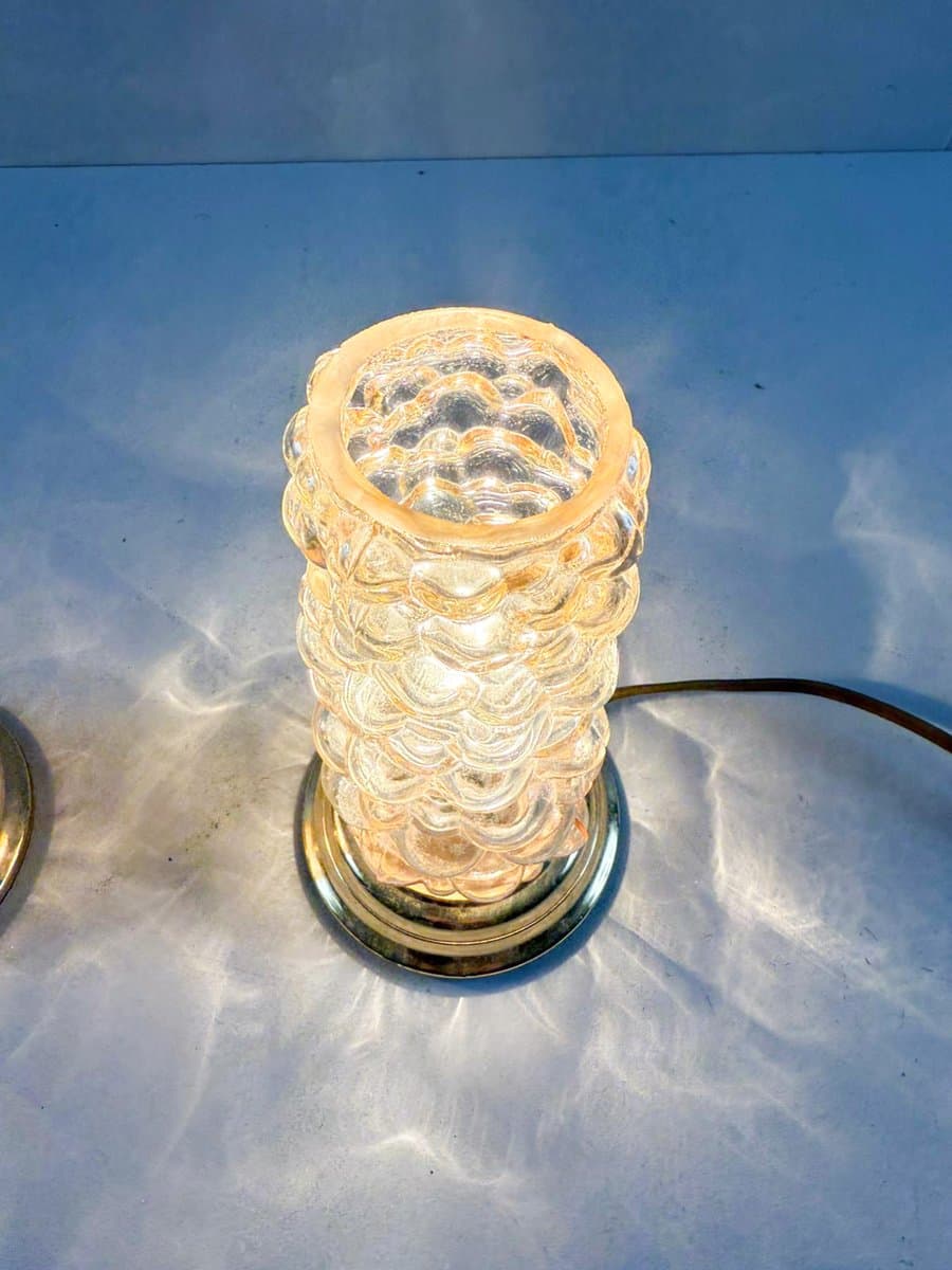 Para lamp stołowych, szkło pomarańczowe, metal złoty, proj. H. Tynell, Limburg, Niemcy, lata 60. - 276751